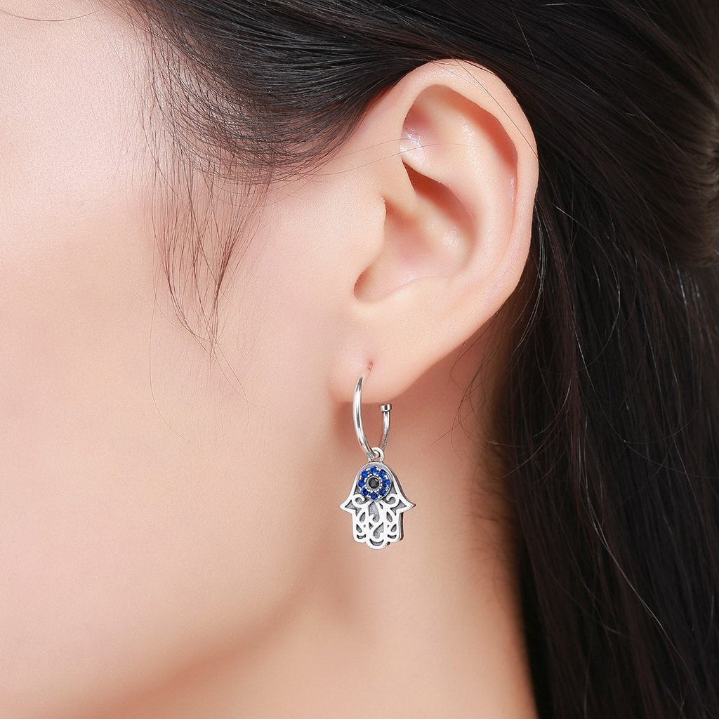 PAHALA 925 Sterling Silver Fantasy Hamsa Hand Blue With Crystals Stud Earrings