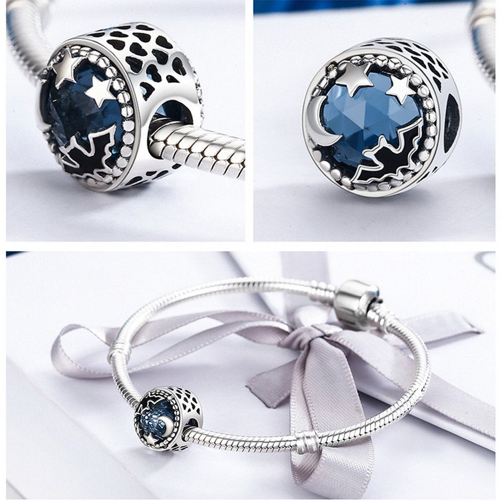 PAHALA 925 Sterling Silver Midnight Bat Star with Blue Crystal Charm Bead Fit Bracelet