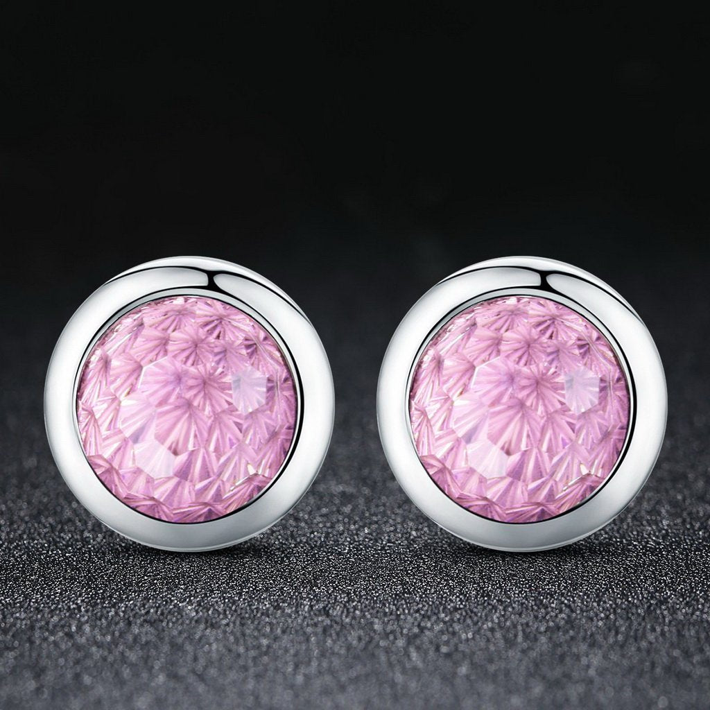 PAHALA 925 Sterling Silver Round Pink Sparkling With Pink Crystal Stud Earrings