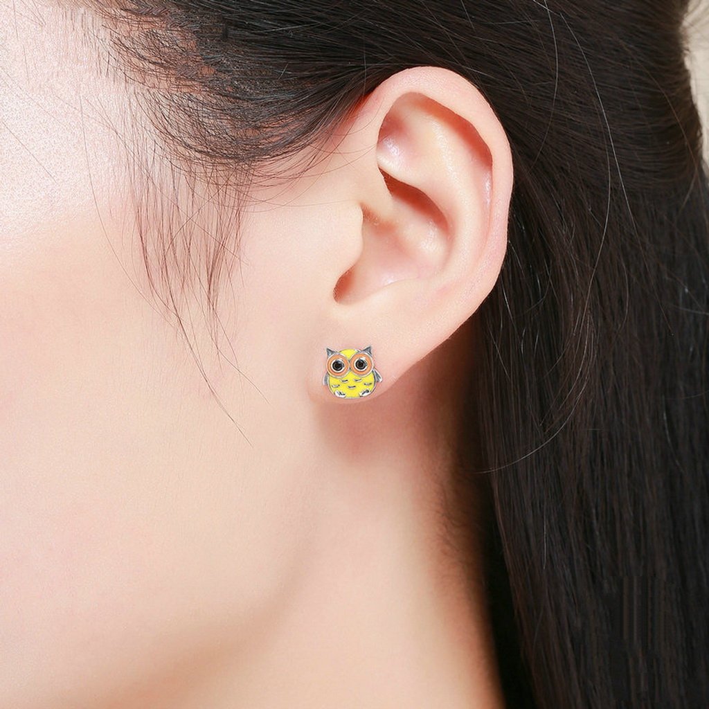 PAHALA 925 Sterling Silver Enamel Cut Owl Party Wedding Stud Earrings