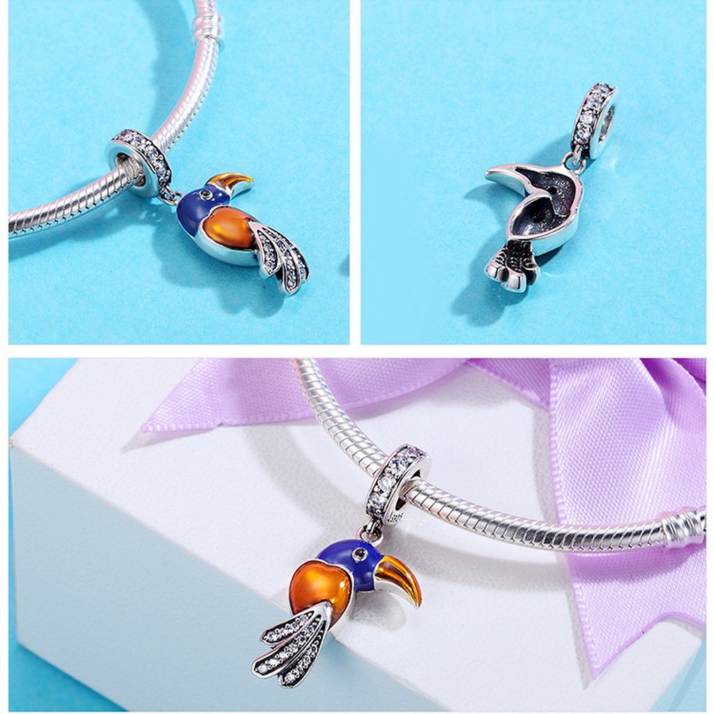 PAHALA 925 Sterling Silver Lovely Parrot with Crystals Enamel Pendant Charm Bead