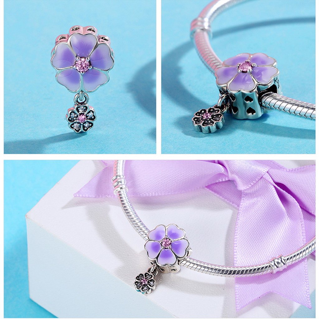 PAHALA 925 Sterling Silver Light Pruple Enamel Blooming Crystals Pendant Charm Bead
