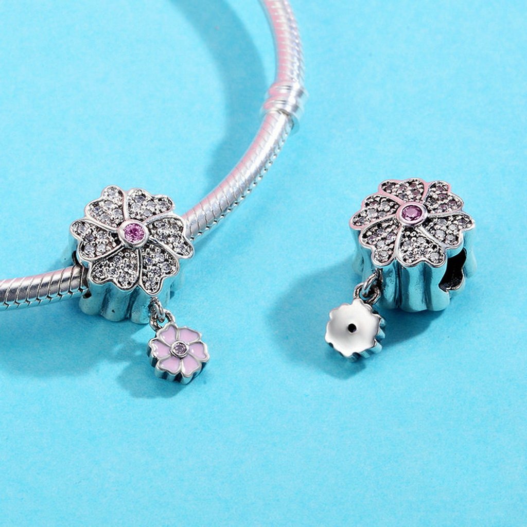 PAHALA 925 Sterling Silver Pink Enamel Blooming Flower Crystals Pendant Charm Bead