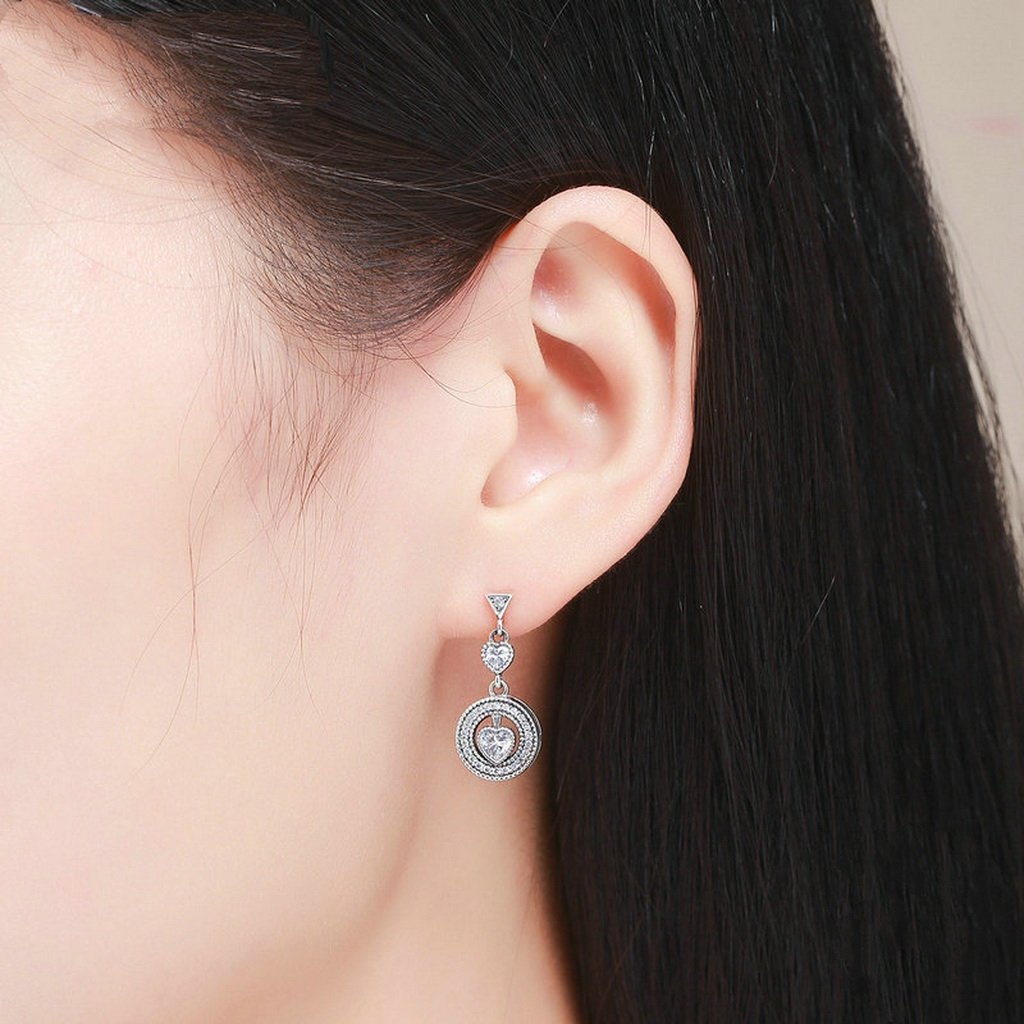 PAHALA 925 Sterling Silver Classical Round With Heart Crystals Party Wedding Long Drop Earrings