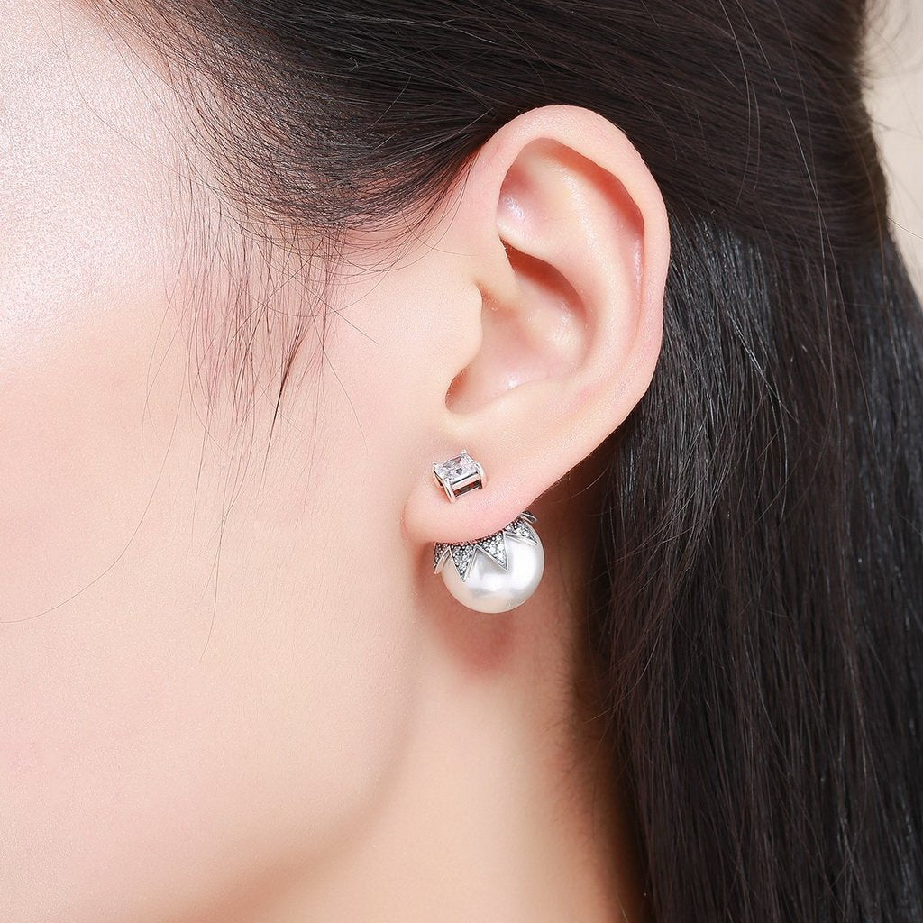 PAHALA 925 Sterling Silver Double Side Ball Crystal Stud Earrings