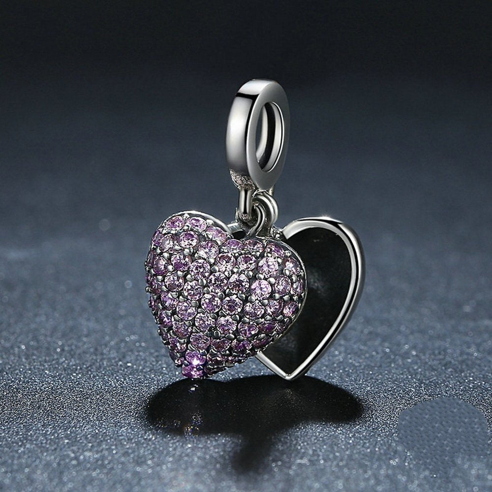PAHALA 925 Strling Silver Pink Heart Love Forever with Crystals Charms Pendant Fit Bracelets Bangles Necklace