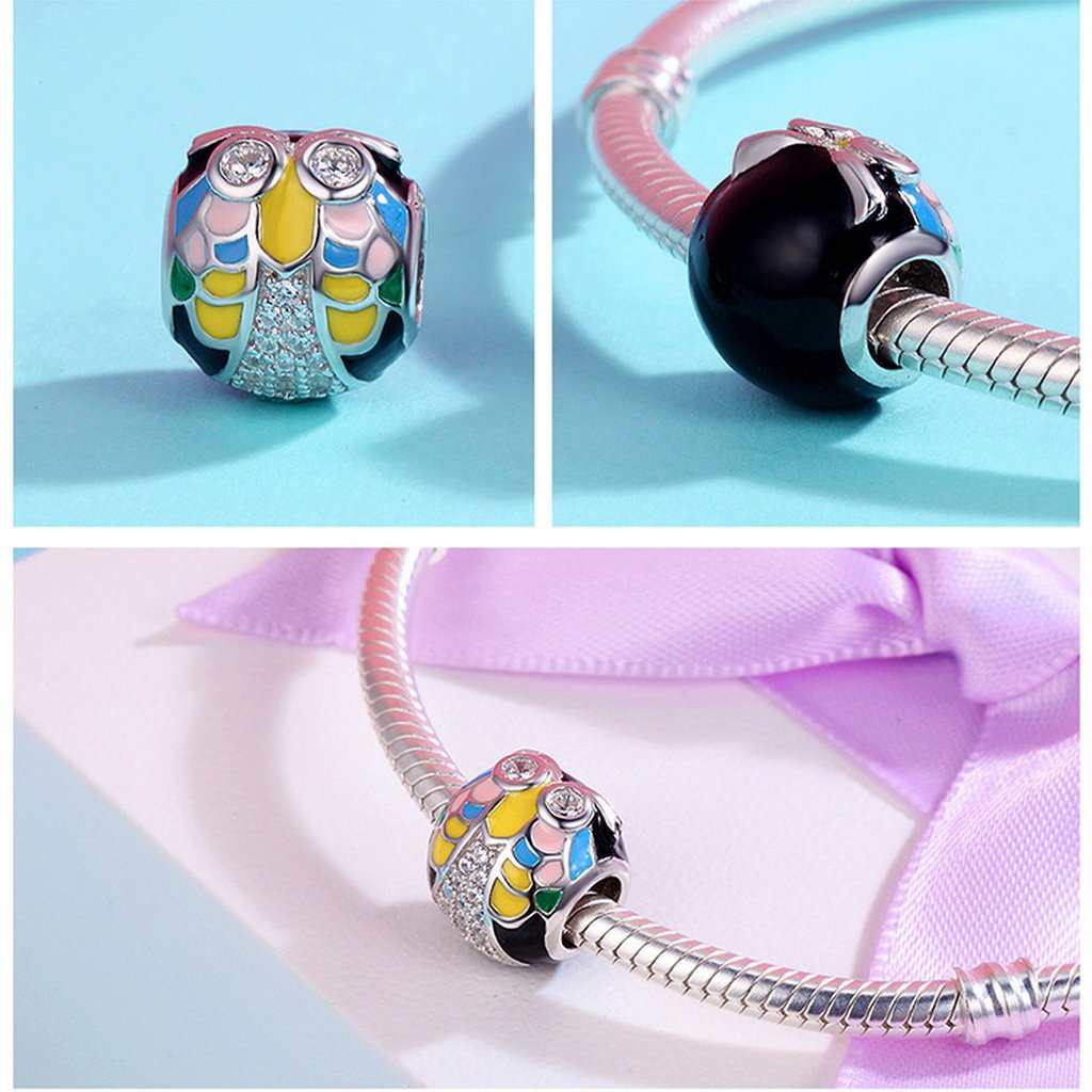 PAHALA 925 Sterling Silver Colorful Enamel Cute Owl with Crystals Charm Bead