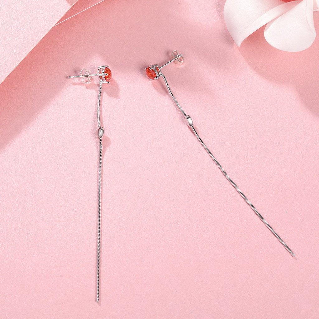 PAHALA 925 Sterling Silver Deep Love Heart Red Crystal Long Tassel Earrings