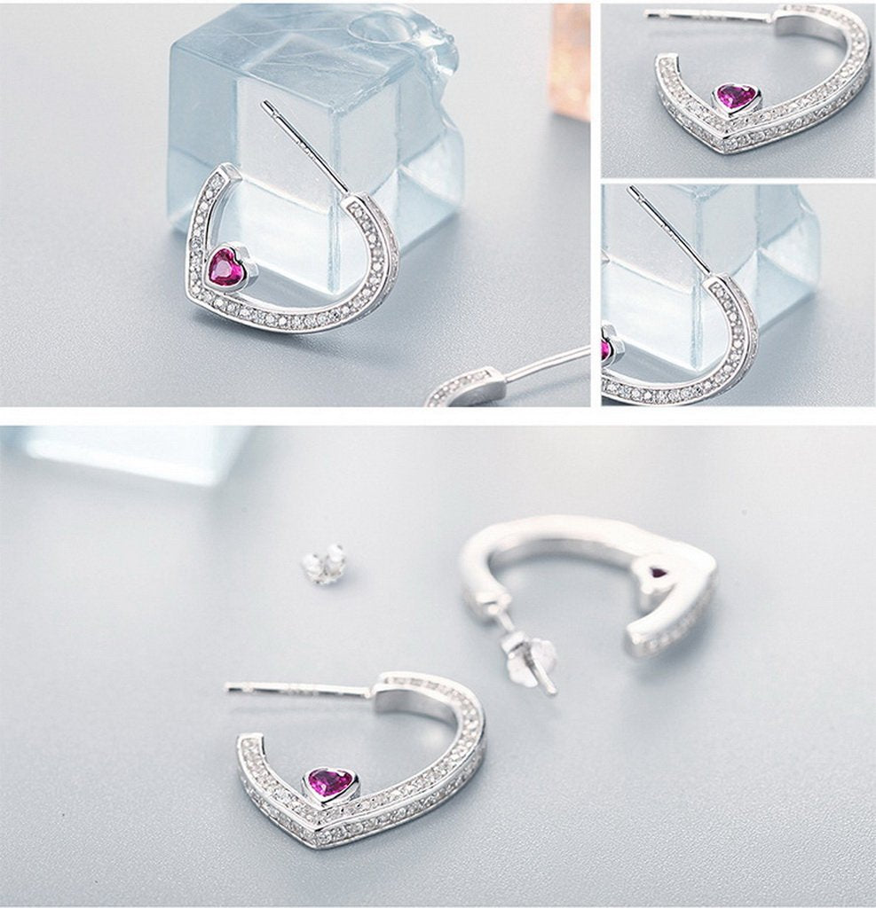 PAHALA 925 Sterling Silver Round With Pink Crystals Heart Party Wedding Stud Earring