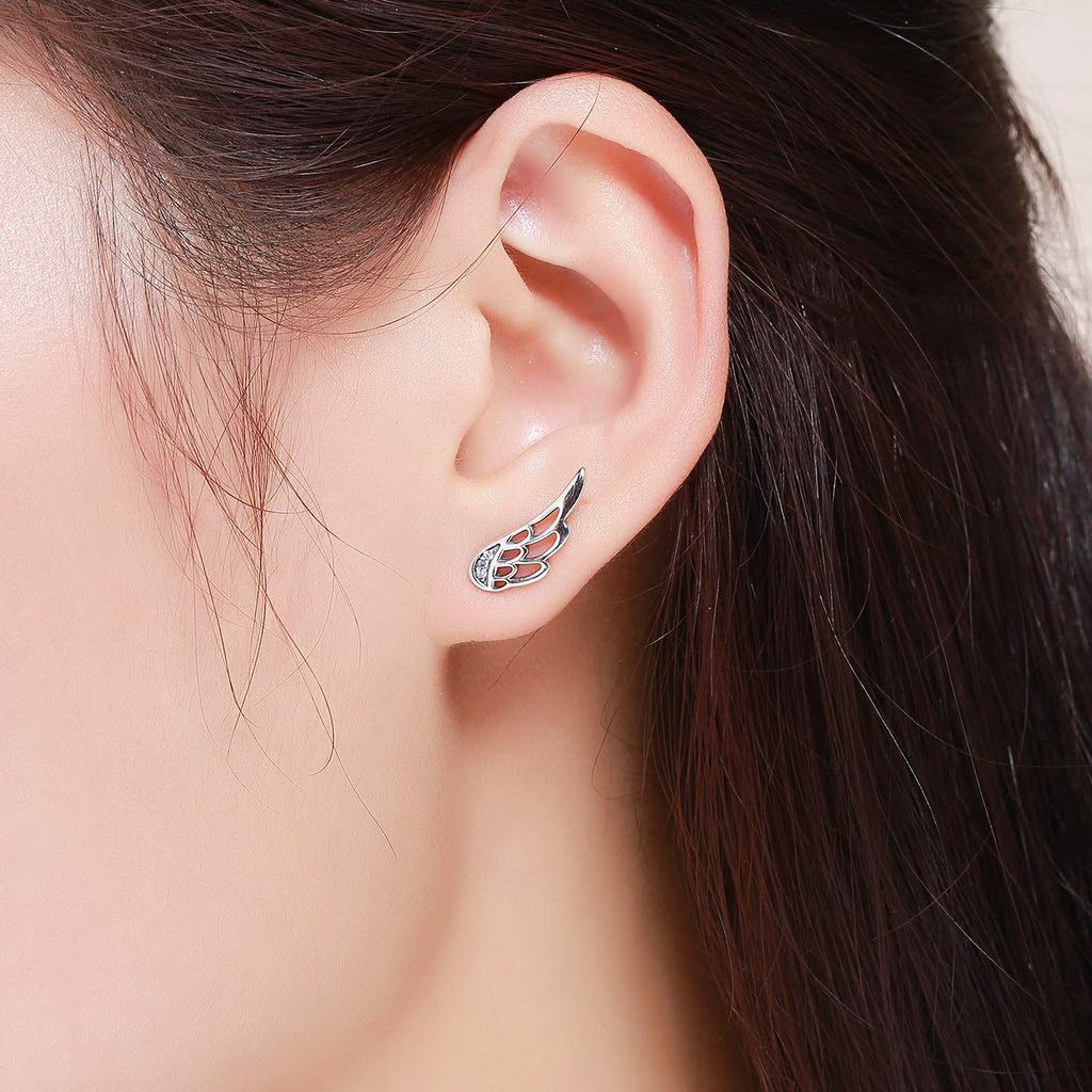 PAHALA 925 Sterling Silver Cute Feather Fairy Wings Crystal Stud Earrings
