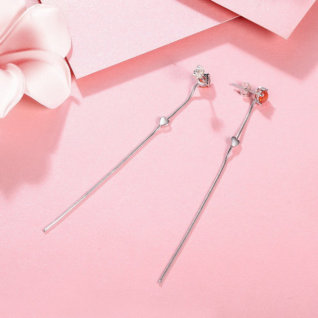 PAHALA 925 Sterling Silver Deep Love Heart Red Crystal Long Tassel Earrings