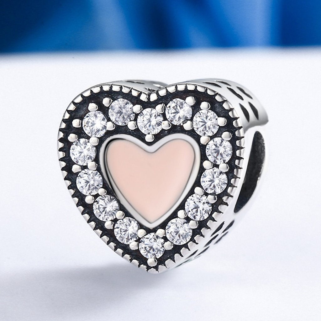 PAHALA 925 Strling Silver Pink Love Enamel with Crystals Charms Fit Bracelets Necklace