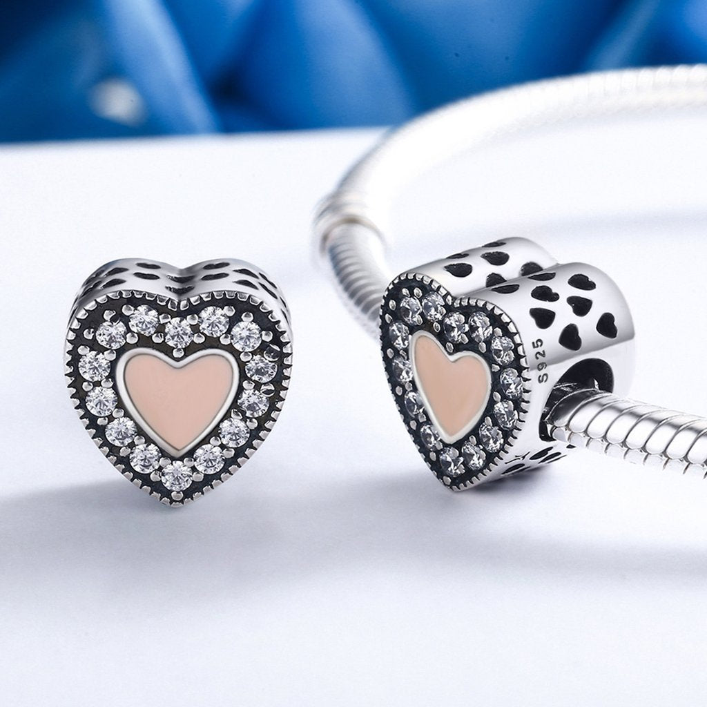 PAHALA 925 Strling Silver Pink Love Enamel with Crystals Charms Fit Bracelets Necklace