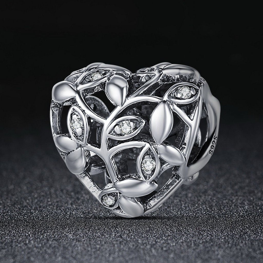 PAHALA 925 Sterling Silver Tree of Leaves Heart Crystals Charm Bead
