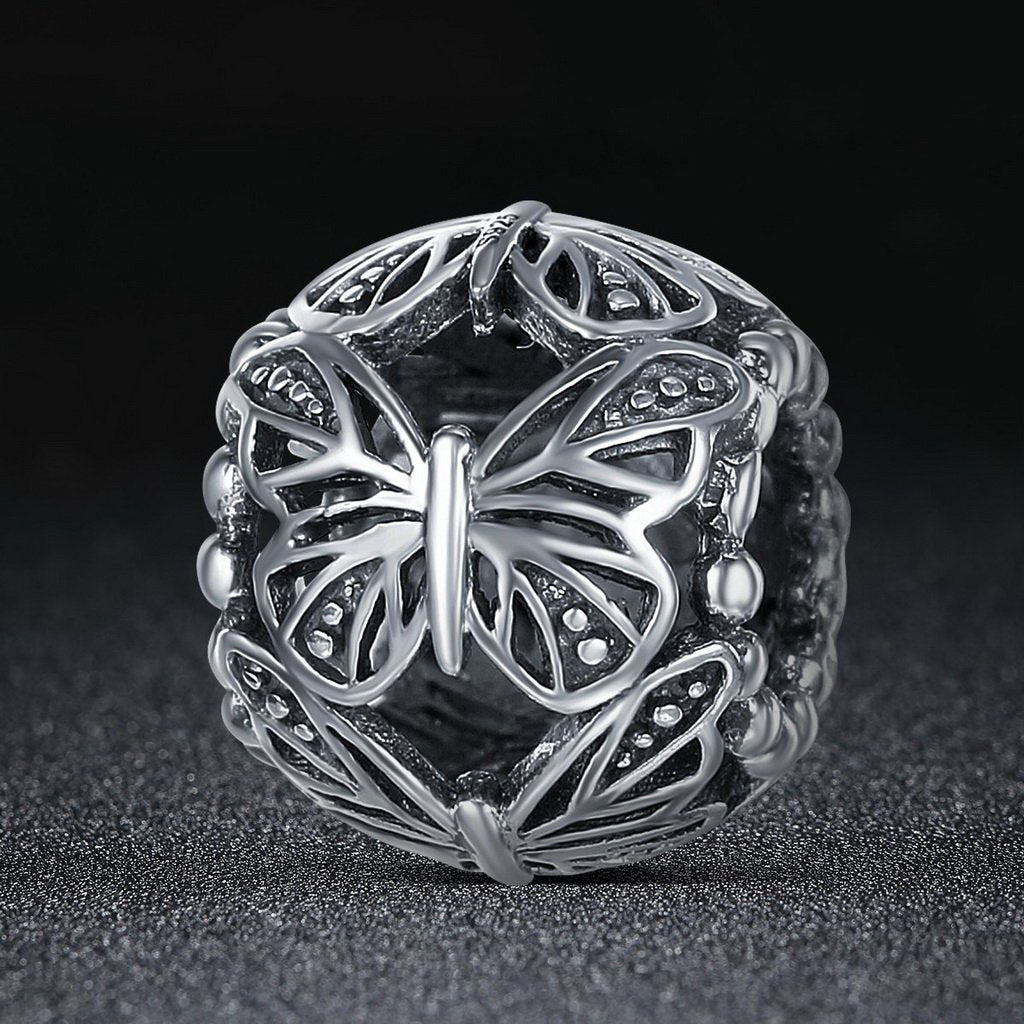 PAHALA 925 Sterling Silver Stackable Butterfly Round Charm Bead