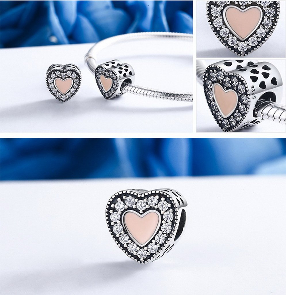 PAHALA 925 Strling Silver Pink Love Enamel with Crystals Charms Fit Bracelets Necklace