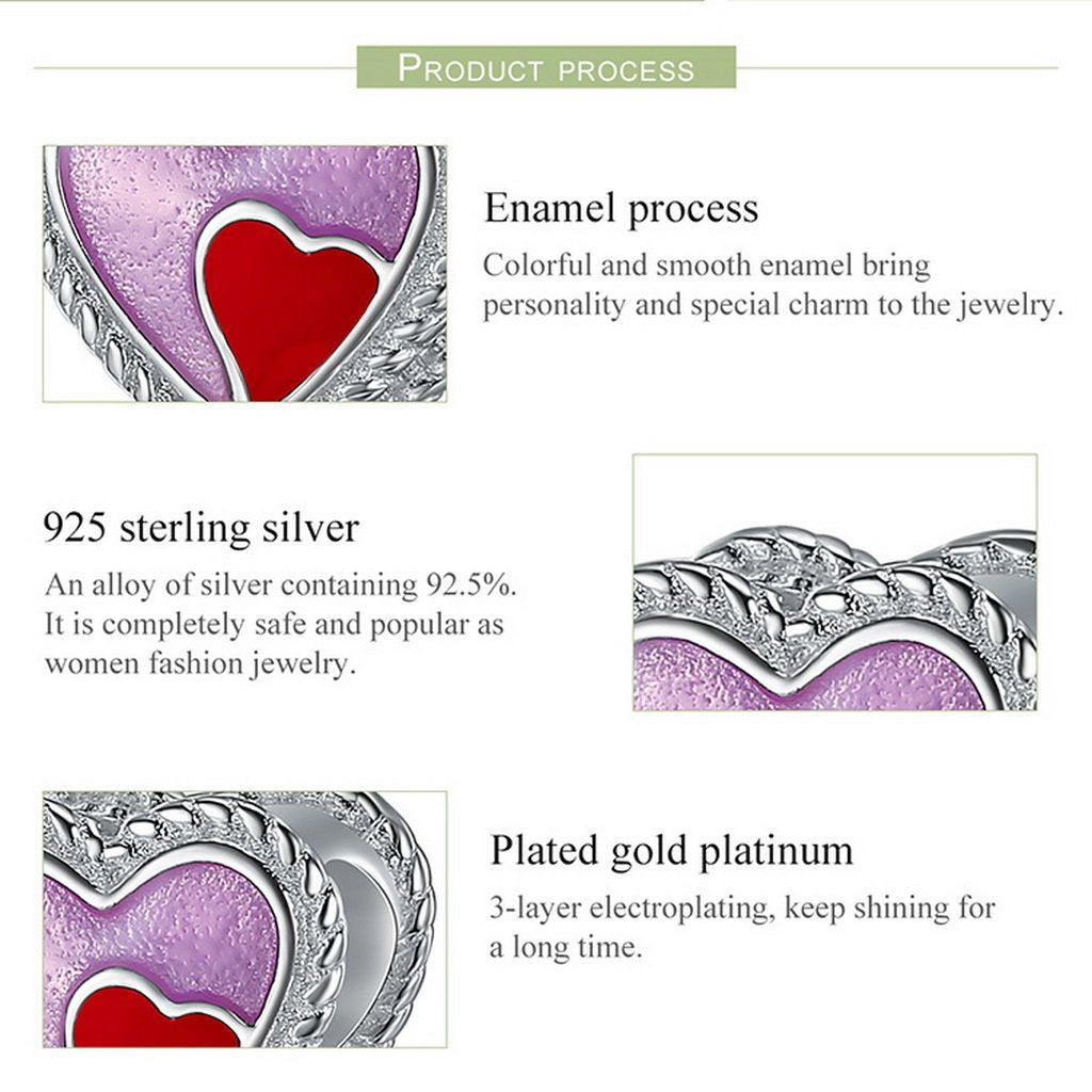 PAHALA 925 Sterling Silver Sweet Heart with Heart Red Purple Enamel Charm Bead