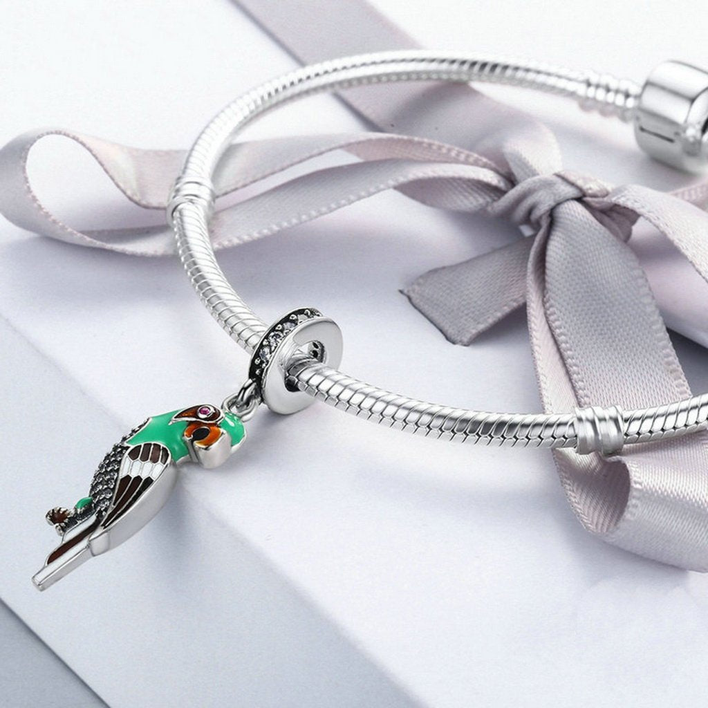 PAHALA 925 Sterling Silver Cute Parrot with Blue Enamel Crystals Charms Fit Bracelets Necklace