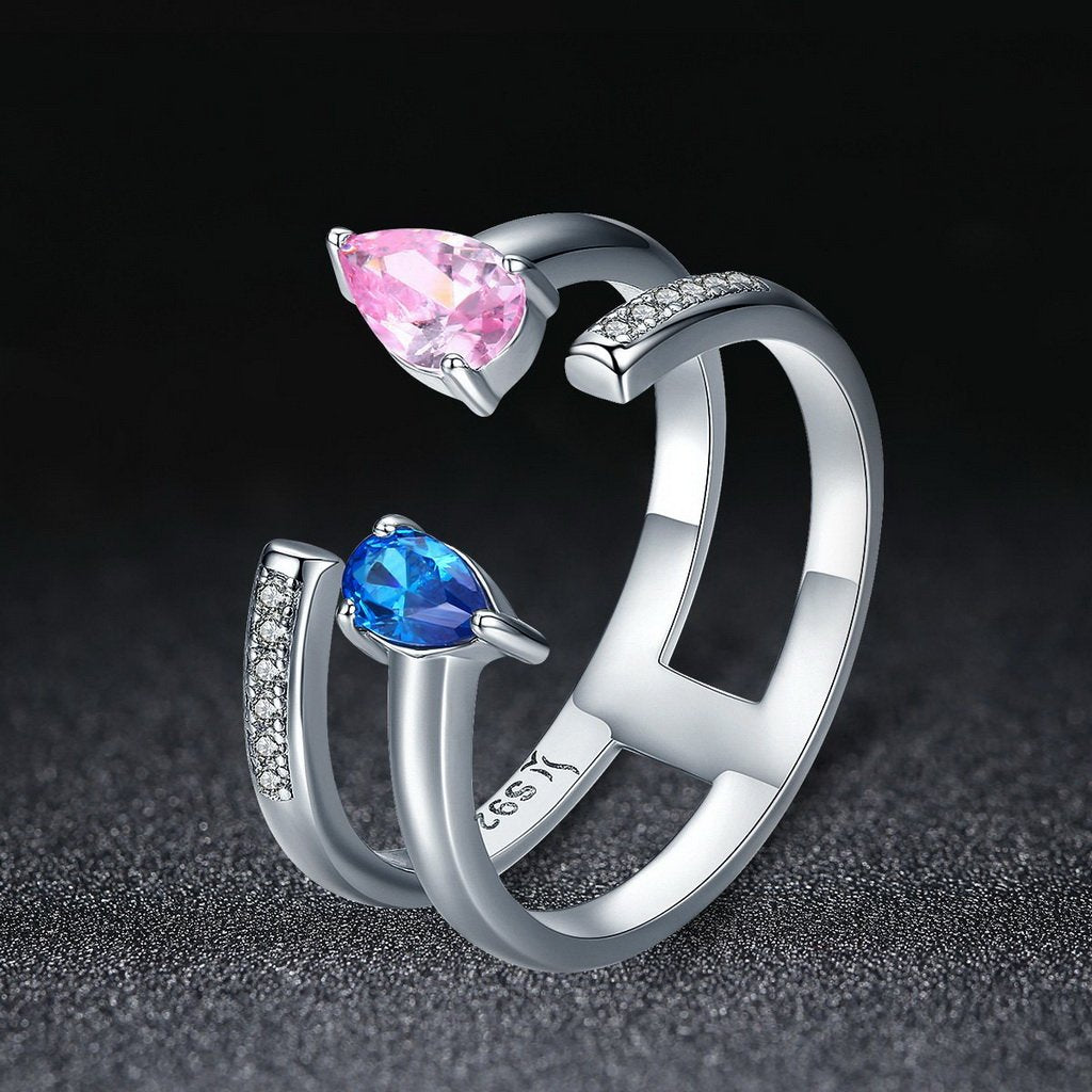 PAHALA 925 Strling Silver Pink Blue Crystals Weeding Party Band Ring