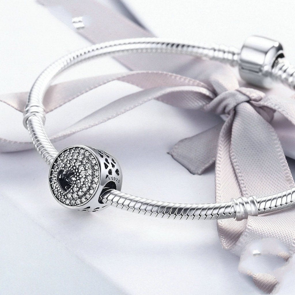 PAHALA 925 Sterling Silver Shimmering Heart Round with Crystals Charms Fit Bracelets Necklace