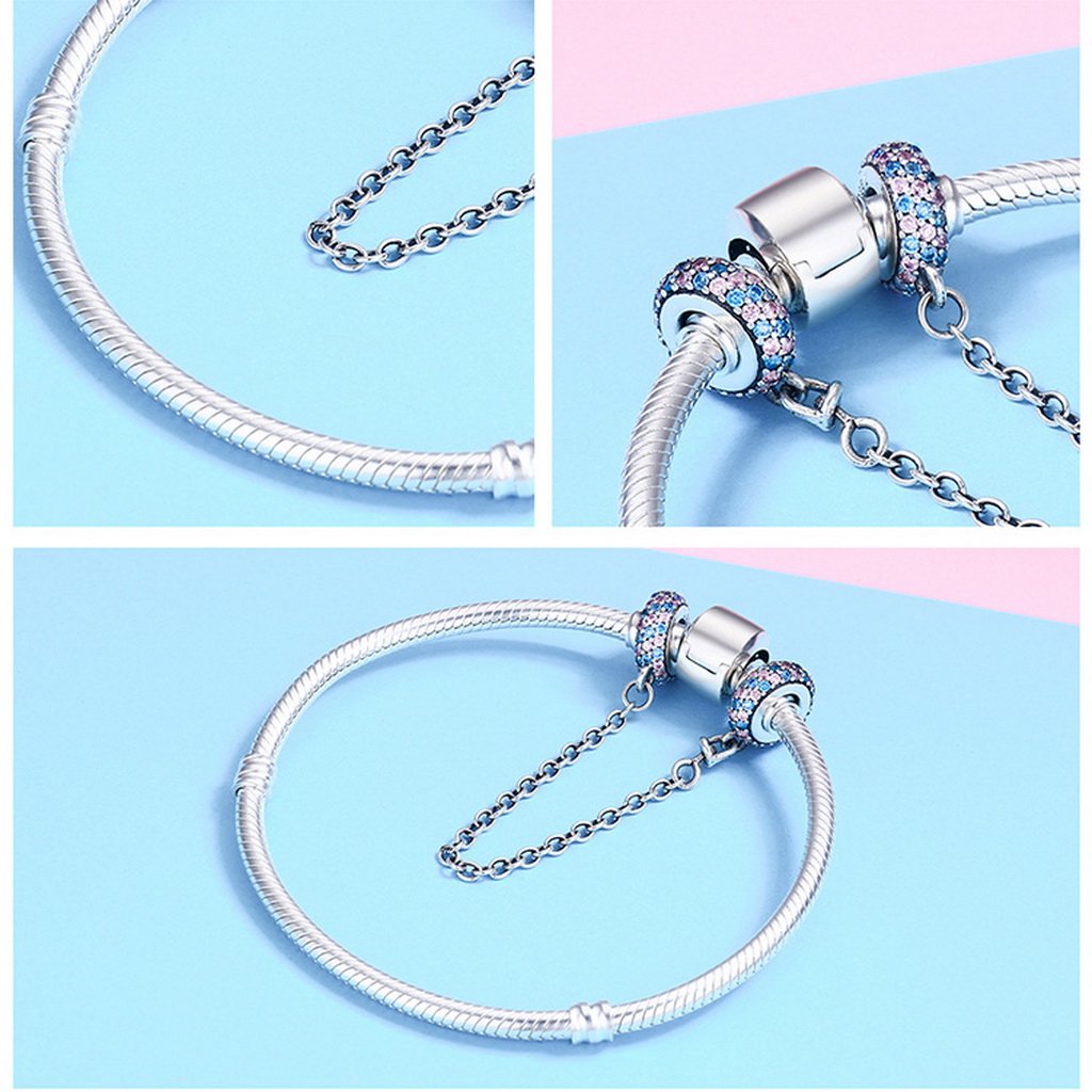 PAHALA 925 Sterling Silver Pink and Blue Round with Crystals Safety Chain Charm Bead