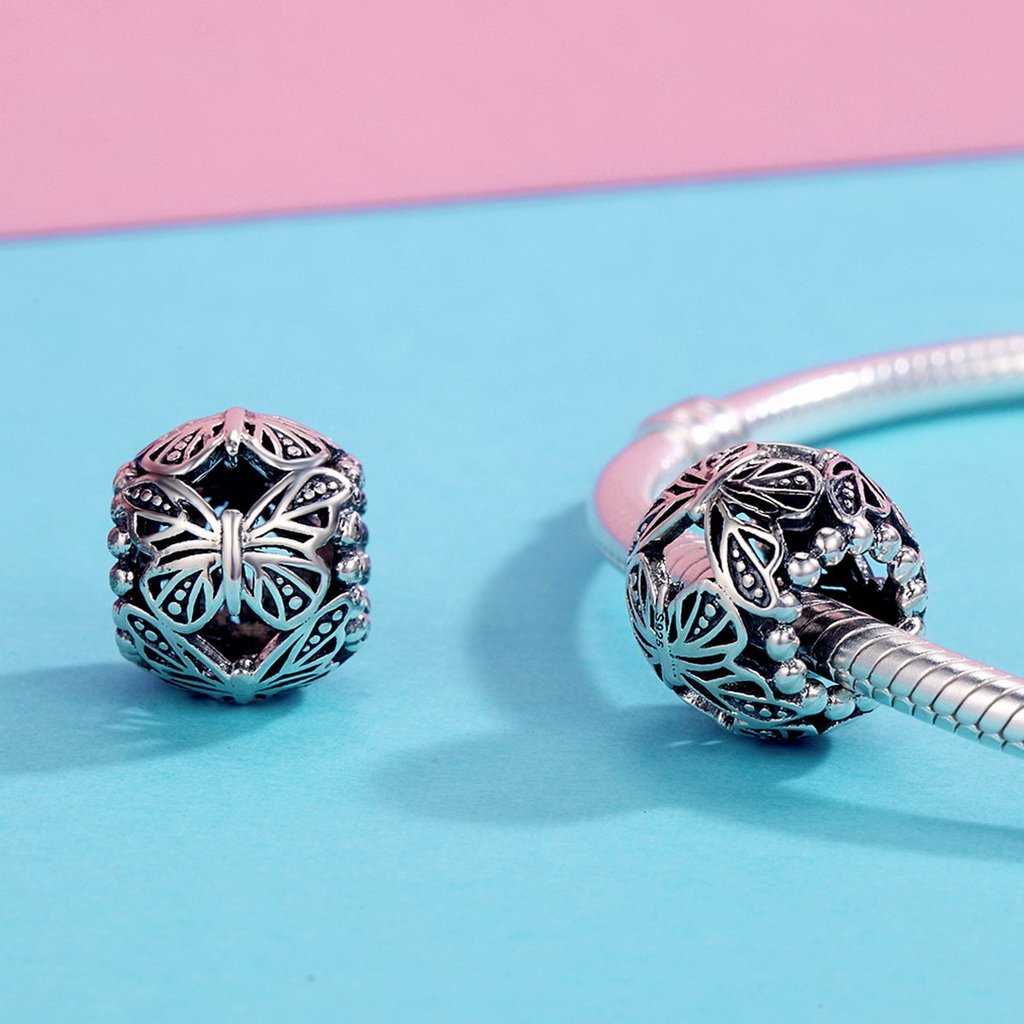 PAHALA 925 Sterling Silver Stackable Butterfly Round Charm Bead