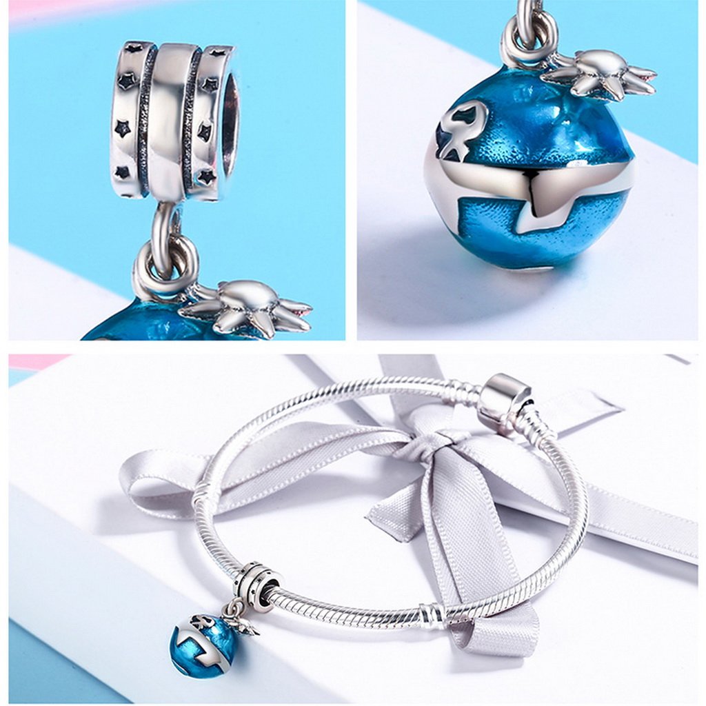 PAHALA 925 Sterling Silver Planet Blue Enamel Crystals Pendant Charm Bead
