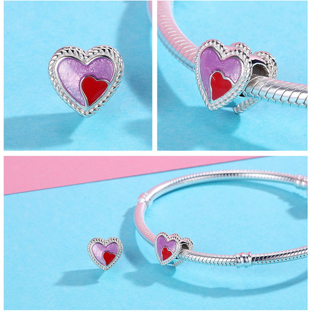 PAHALA 925 Sterling Silver Sweet Heart with Heart Red Purple Enamel Charm Bead