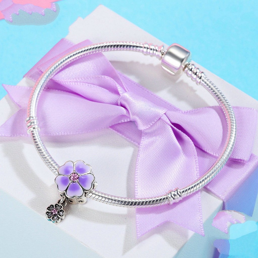PAHALA 925 Sterling Silver Light Pruple Enamel Blooming Crystals Pendant Charm Bead