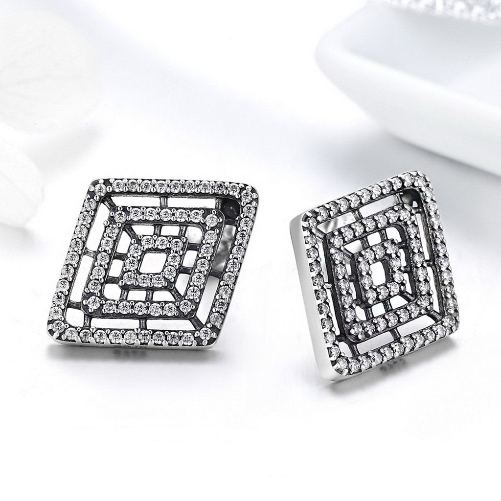 PAHALA 925 Sterling Silver Geometric Lines With Crystals Stud Earrings