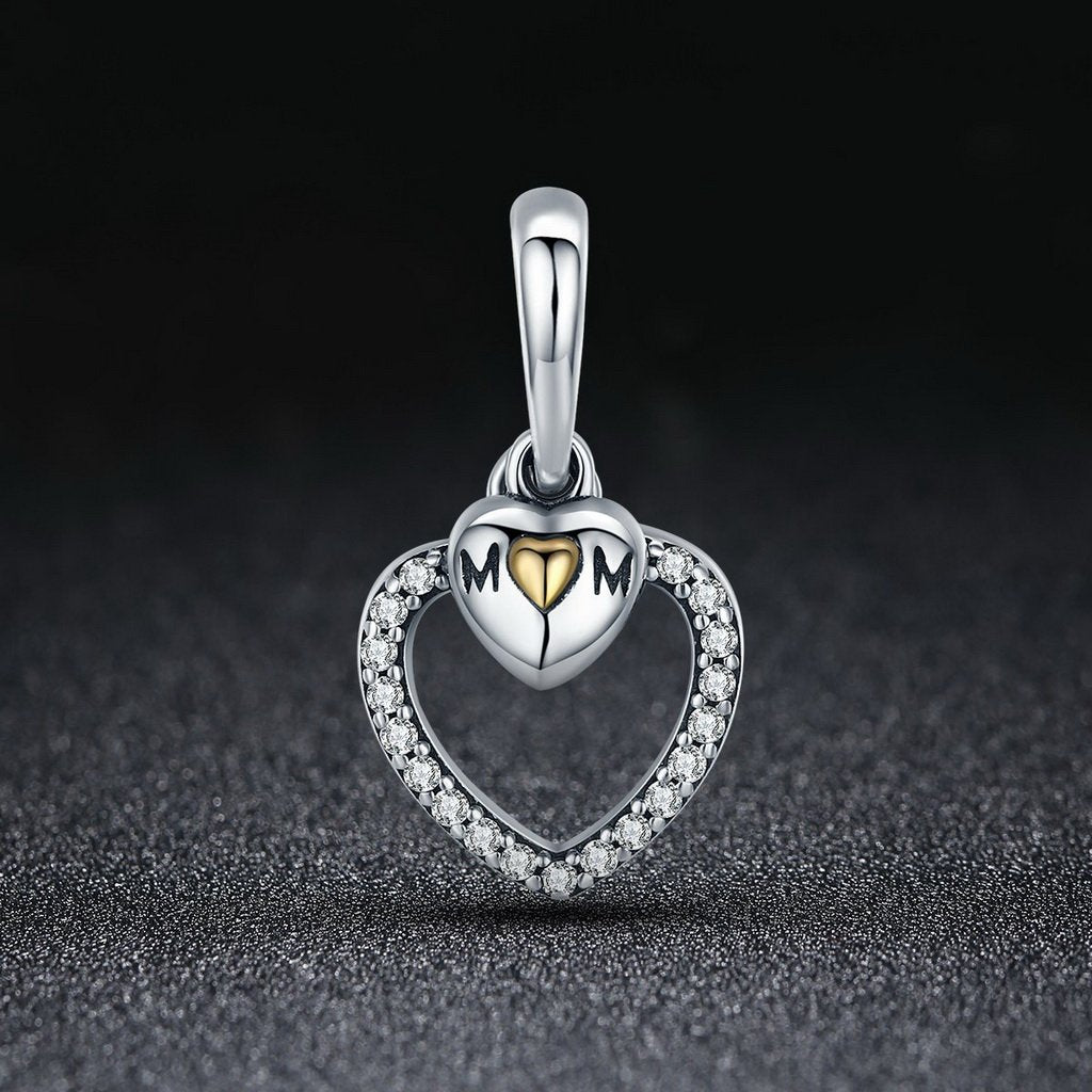 PAHALA 925 Sterling Silver Mom in Heart with Crystals Pendant Charm Bead