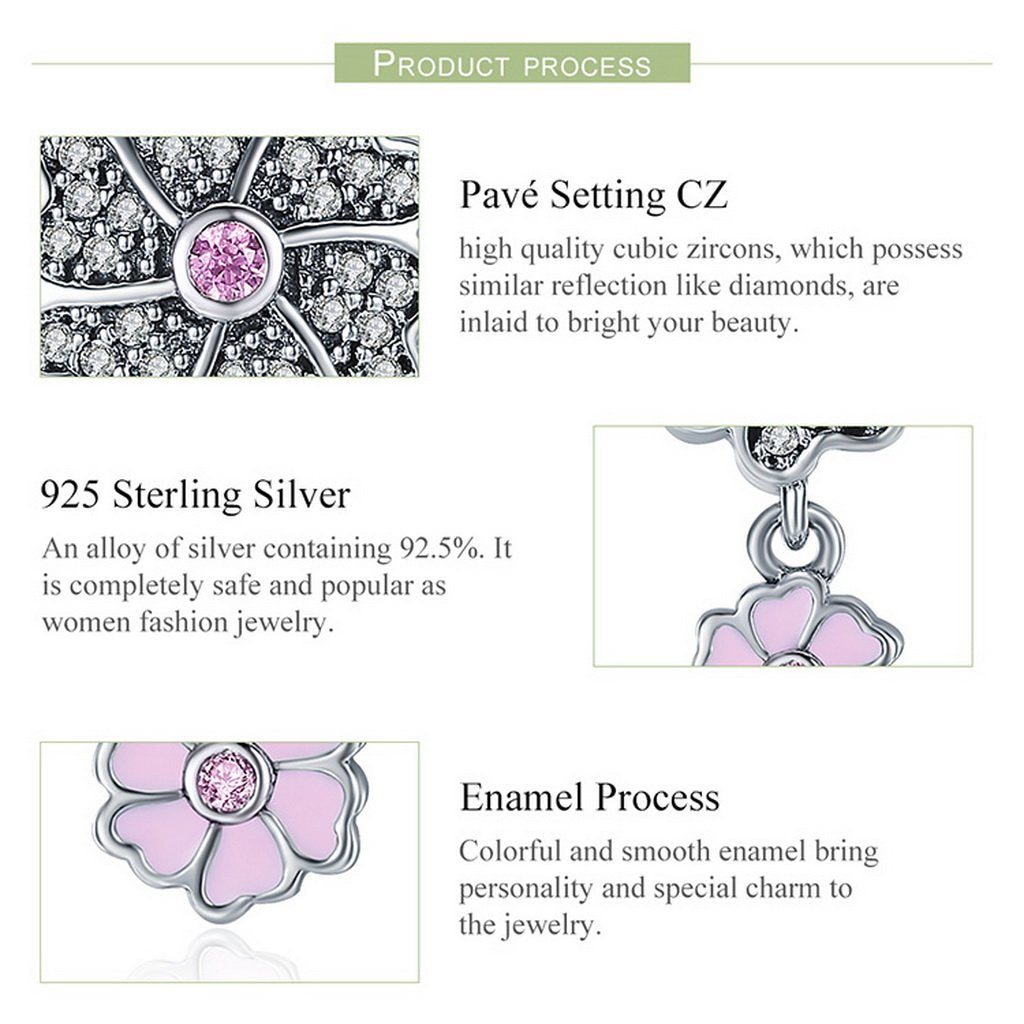 PAHALA 925 Sterling Silver Pink Enamel Blooming Flower Crystals Pendant Charm Bead