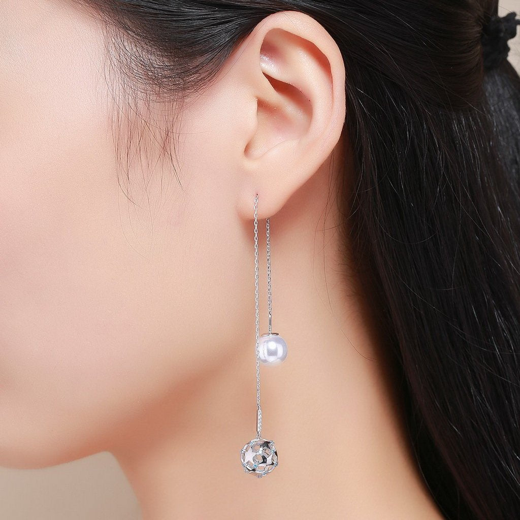 PAHALA 925 Sterling Silver Double Ball Luminous With Crystals Party Wedding Long Drop Earrings