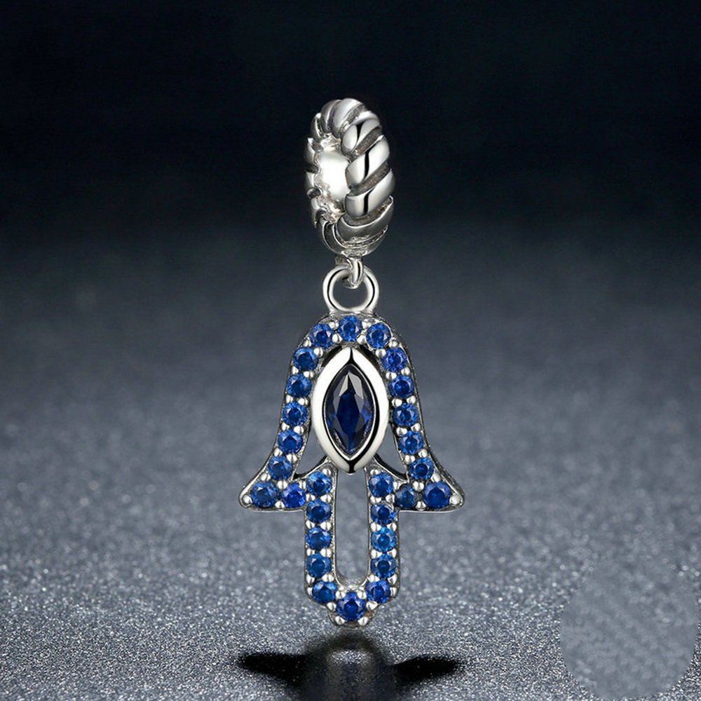 PAHALA 925 Strling Silver Hand Eye Shaped Blue Crystals Charms Pendant Fit Bracelets Necklace