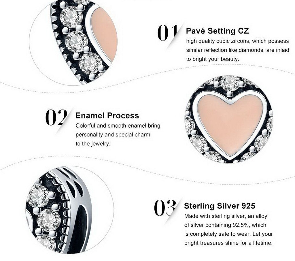 PAHALA 925 Strling Silver Pink Love Enamel with Crystals Charms Fit Bracelets Necklace