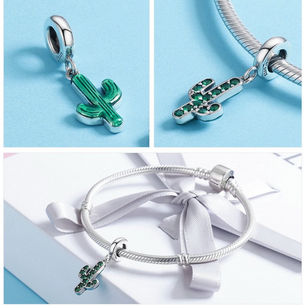 PAHALA 925 Sterling Silver Cactus Glittering Green Pendant Charm Bead