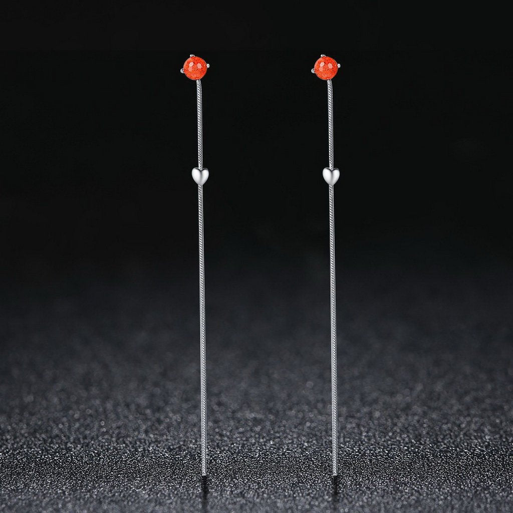 PAHALA 925 Sterling Silver Deep Love Heart Red Crystal Long Tassel Earrings