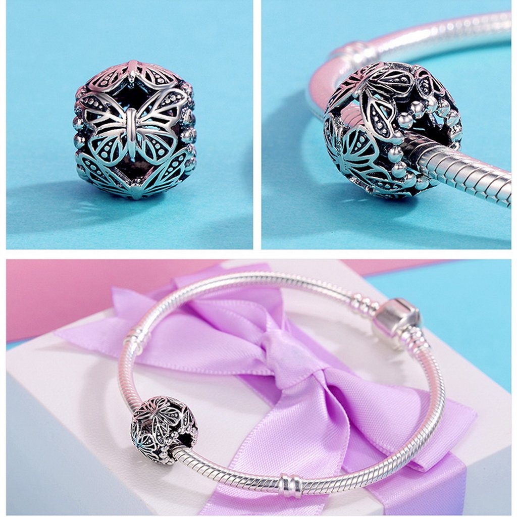 PAHALA 925 Sterling Silver Stackable Butterfly Round Charm Bead