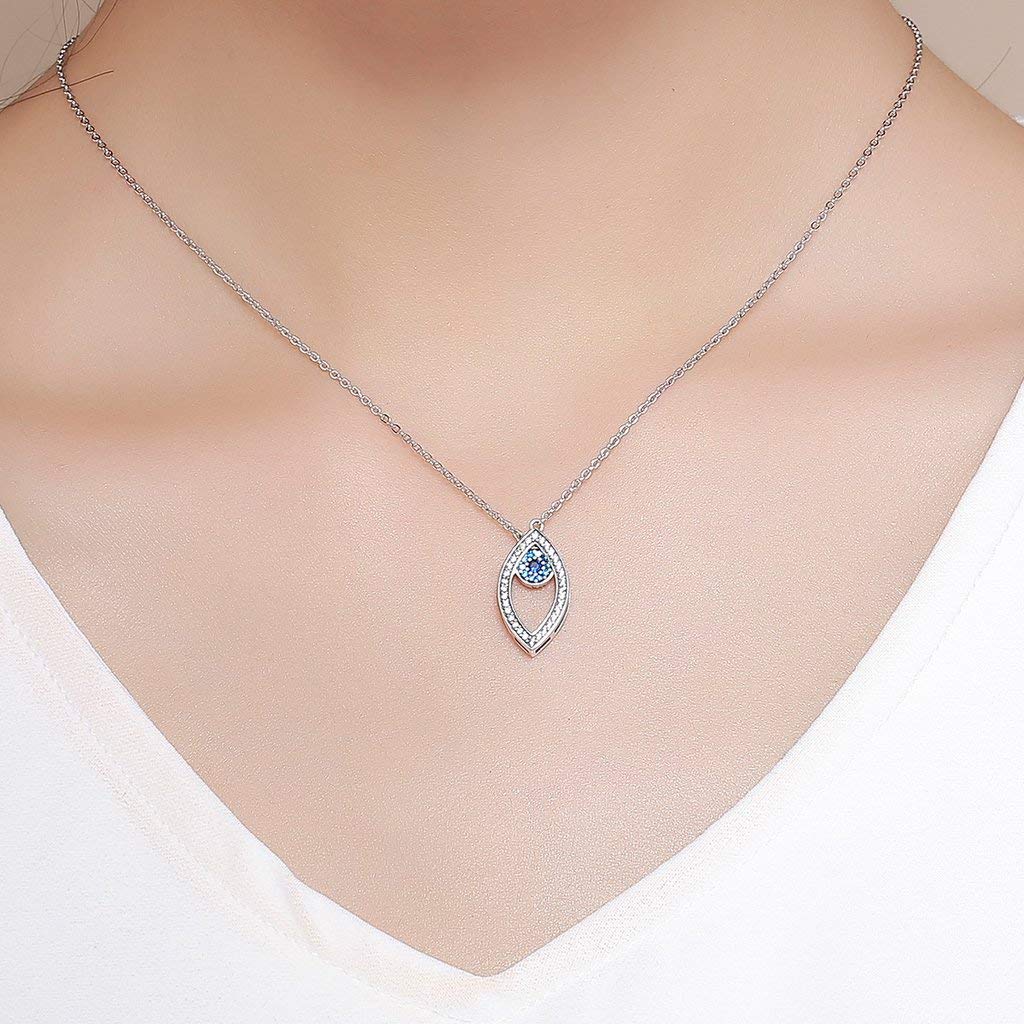 PAHALA 925 Sterling Silver Blue Eyes Long Chain with Crystals Clear CZ Pendant Necklace
