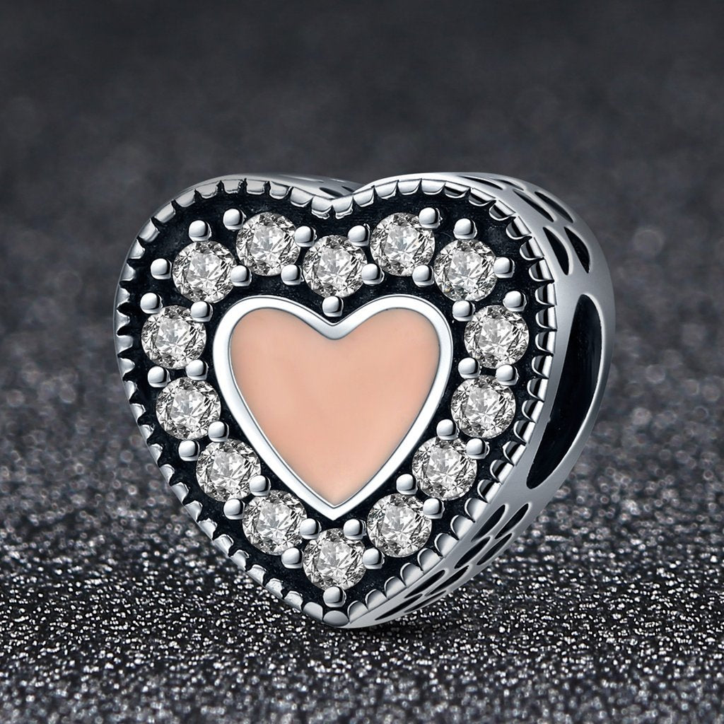 PAHALA 925 Strling Silver Pink Love Enamel with Crystals Charms Fit Bracelets Necklace