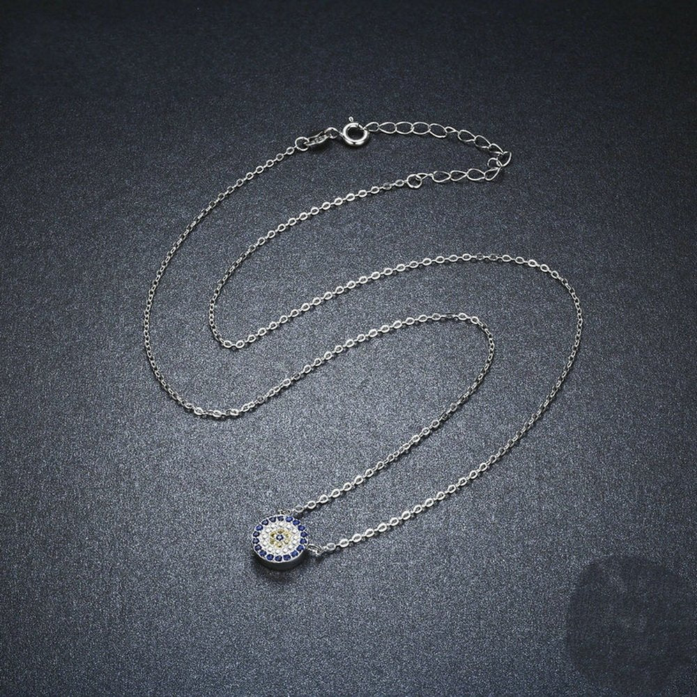 PAHALA 925 Sterling Silver Round Blue Crystals Clear CZ Pendant Necklace