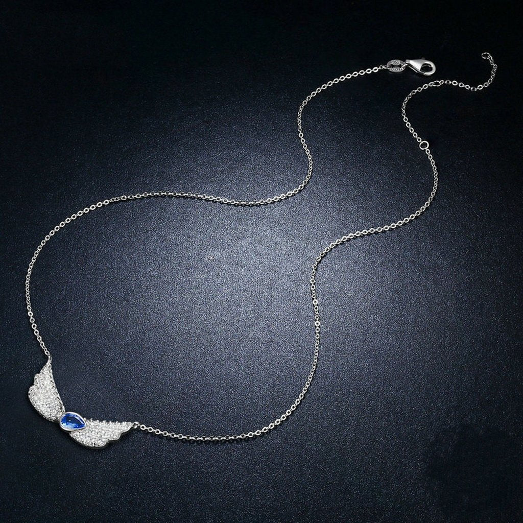 PAHALA 925 Sterling Silver Blue Crystals Wings Clear CZ Pendant Necklace