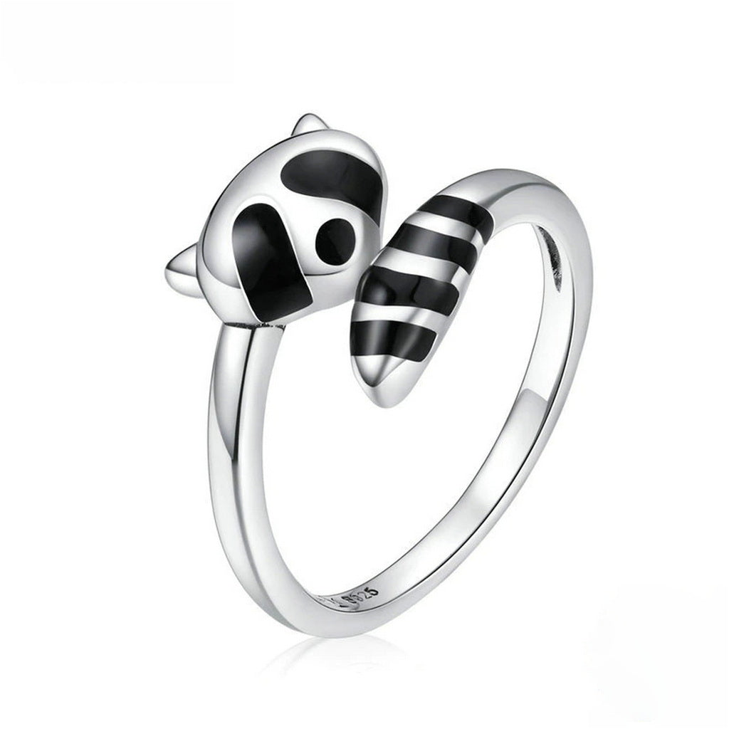 PAHALA 925 Strling Silver Cute Black Enamel Raccoon Finger Weeding Party Ring