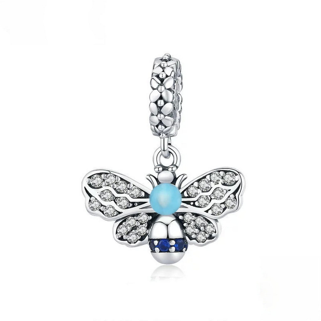 PAHALA 925 Sterling Silver Blue Enamel Bee Crystals Pendant Charm Charm Bead