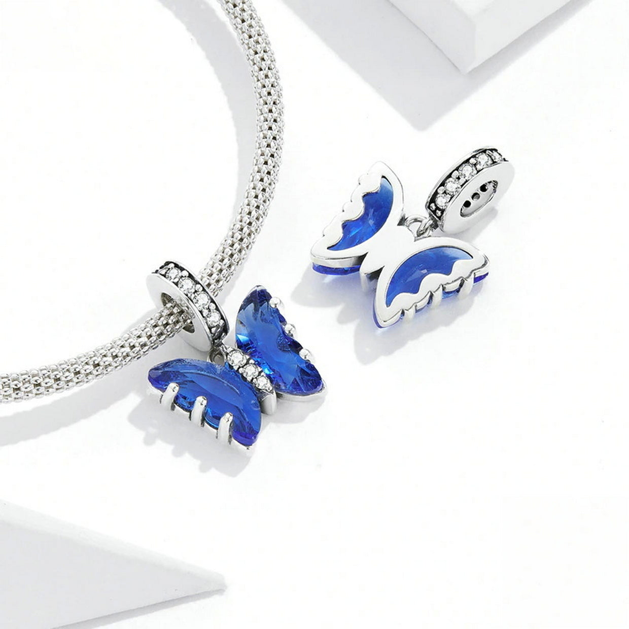 PAHALA 925 Sterling Silver Blue Crystal Murano Delicate Butterfly Pendant Charm Bead