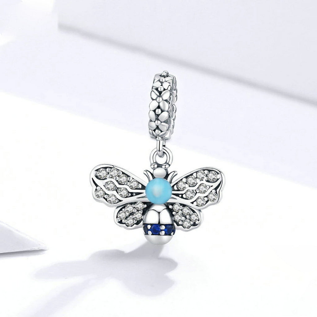 PAHALA 925 Sterling Silver Blue Enamel Bee Crystals Pendant Charm Charm Bead