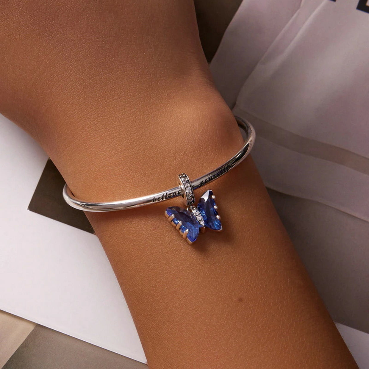 PAHALA 925 Sterling Silver Blue Crystal Murano Delicate Butterfly Pendant Charm Bead