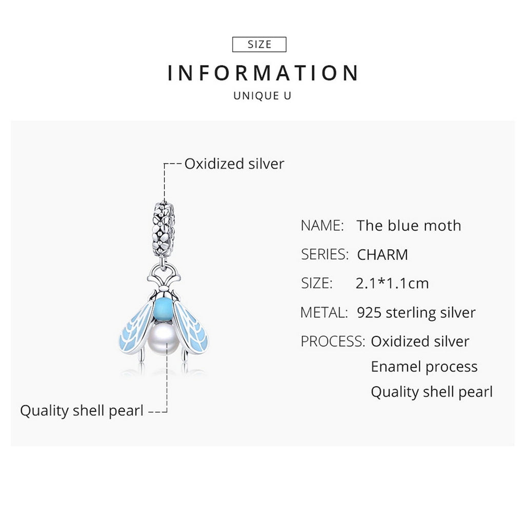 PAHALA 925 Sterling Silver Blue Enamel Moth Pendant Charm Charm Bead