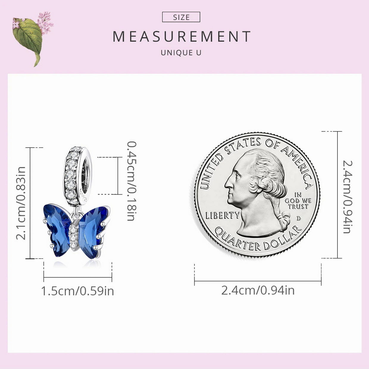 PAHALA 925 Sterling Silver Blue Crystal Murano Delicate Butterfly Pendant Charm Bead