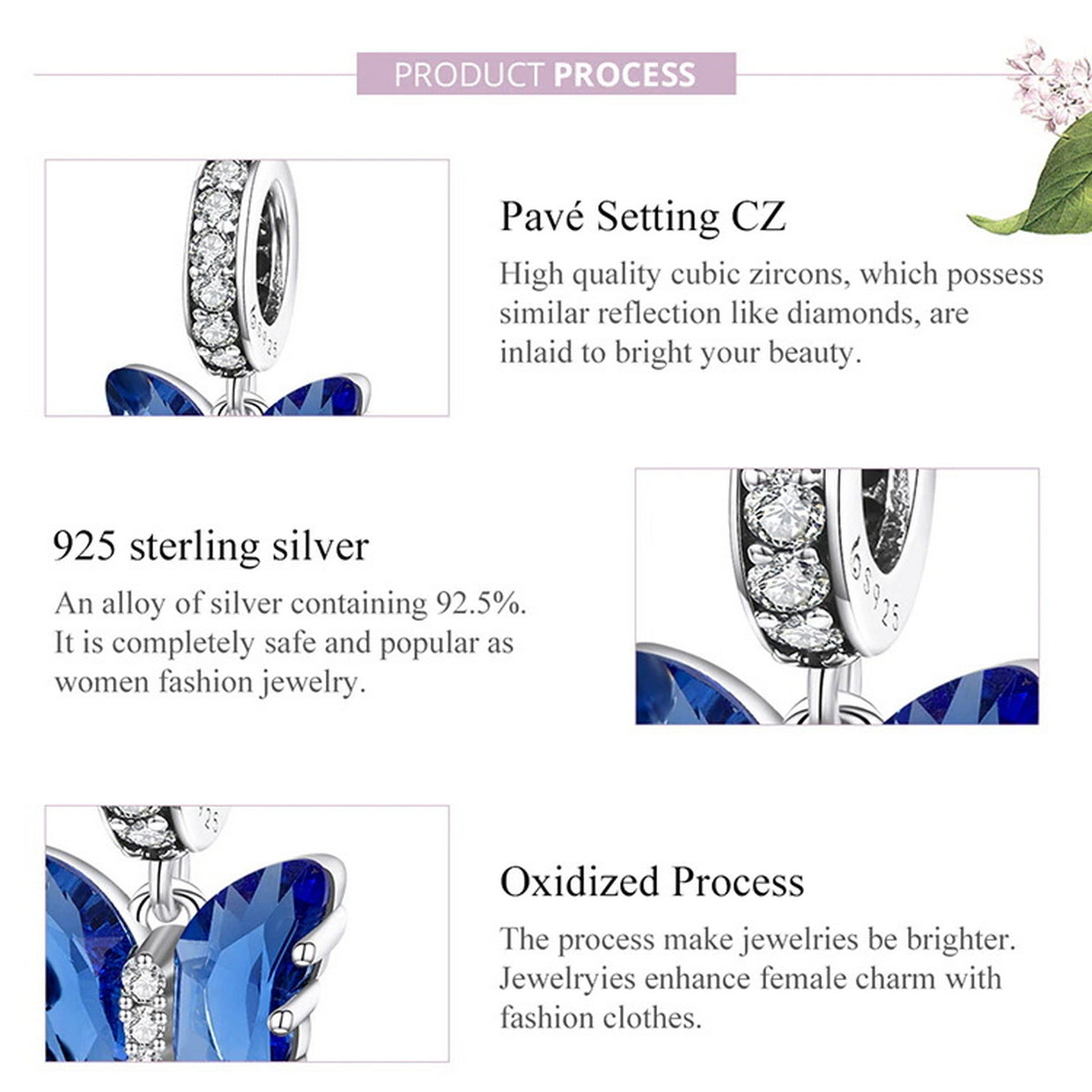 PAHALA 925 Sterling Silver Blue Crystal Murano Delicate Butterfly Pendant Charm Bead
